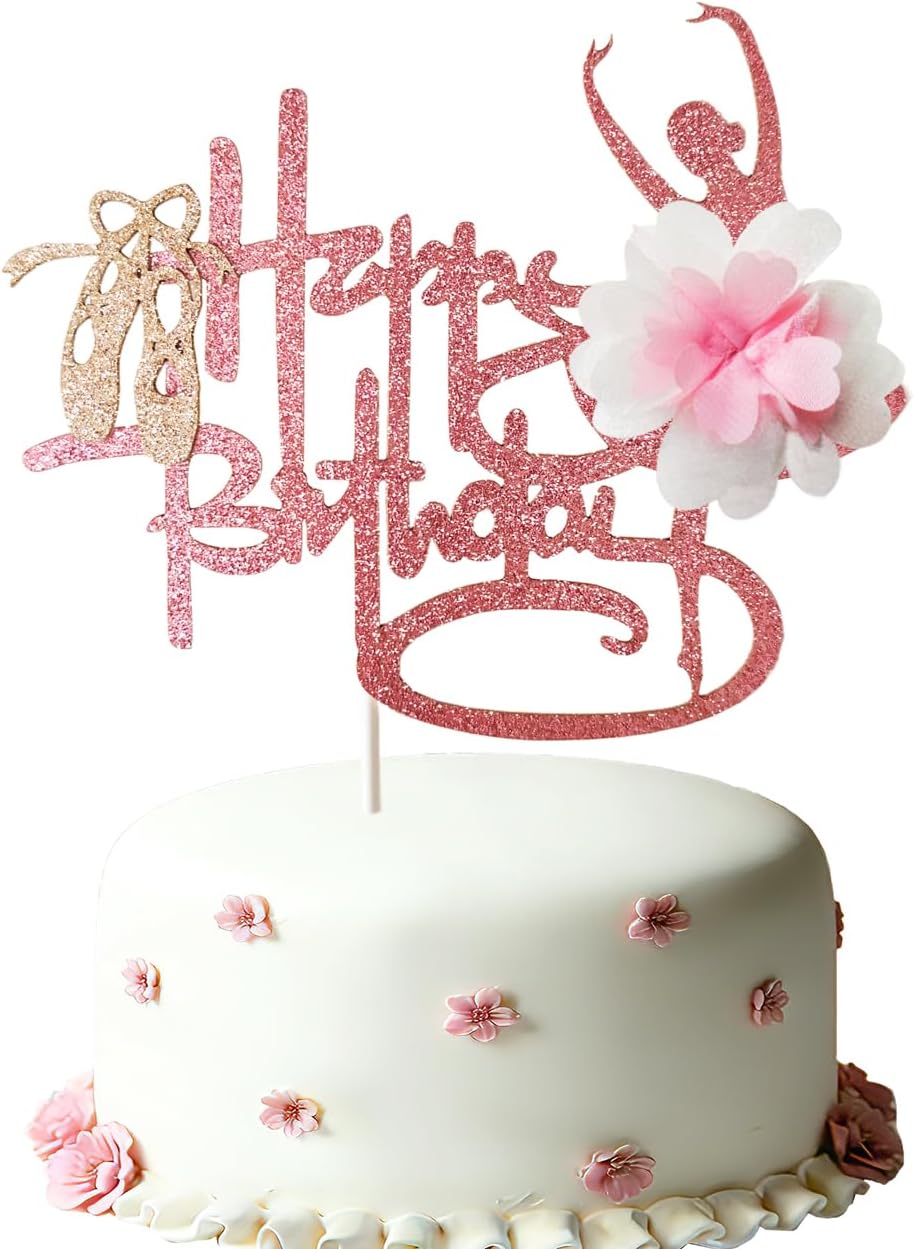 Pink Glitter Flower Tutu Ballerina Happy Birthday Cake Topper - Gold Glitter Ballet slippers Pointe Shoes Dancer Centerpiece Decoration for Ballet Theme Birthday Party Supplies.