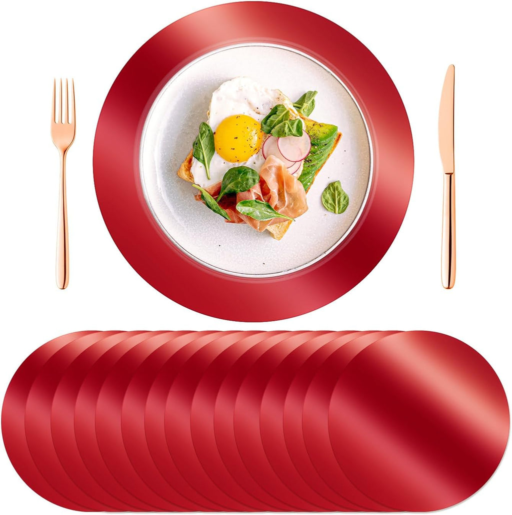 KesaPlan 100 PCS Round Red Placemats, 13" Disposable Paper Placemats for Dining Table, Mirrored Red Charger Place Mat for Christmas Thanksgiving Kitchen Banquet Table Setting Wedding Dinner Party