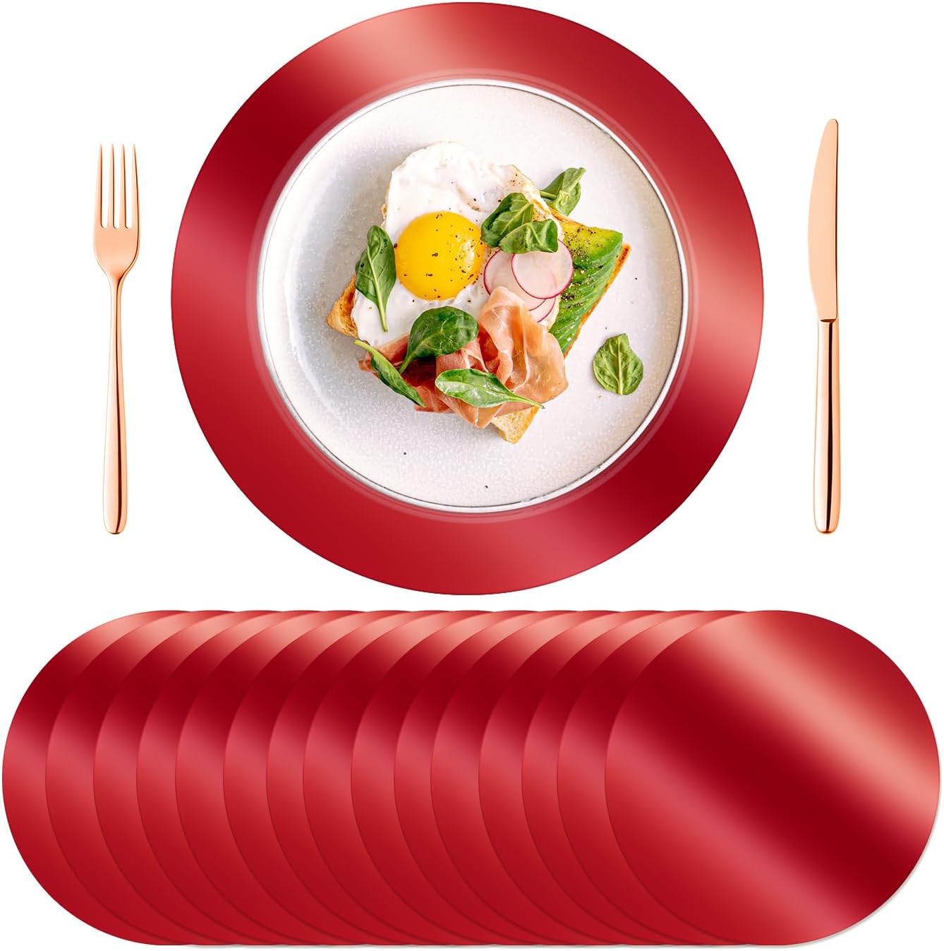 KesaPlan 100 PCS Round Red Placemats, 13" Disposable Paper Placemats for Dining Table, Mirrored Red Charger Place Mat for Christmas Thanksgiving Kitchen Banquet Table Setting Wedding Dinner Party