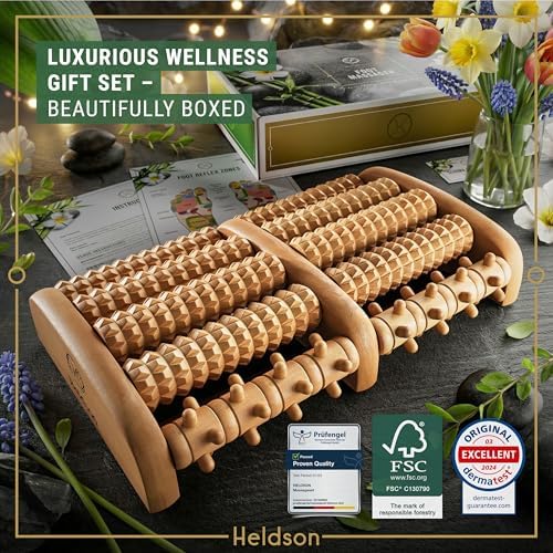 HELDSON® Foot Massager Roller Plantar Fasciitis Pain Relief - Wooden Under Desk Feet Massage - Dual Manual Heel Massagers - Wood Rolling Acupressure Tool with Reflexology Guide - Gift for Men, Women