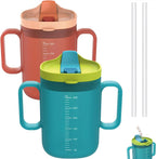2 Pack Senior Water Cup Sippy Cups for Elderly, Safe Silicone Spill Proof Cups with 2 Handles Straw and Lid for Adults for Hospital Patients, Elderly, Pregnant, and Disabled (Blue+Orange -2 Pack)