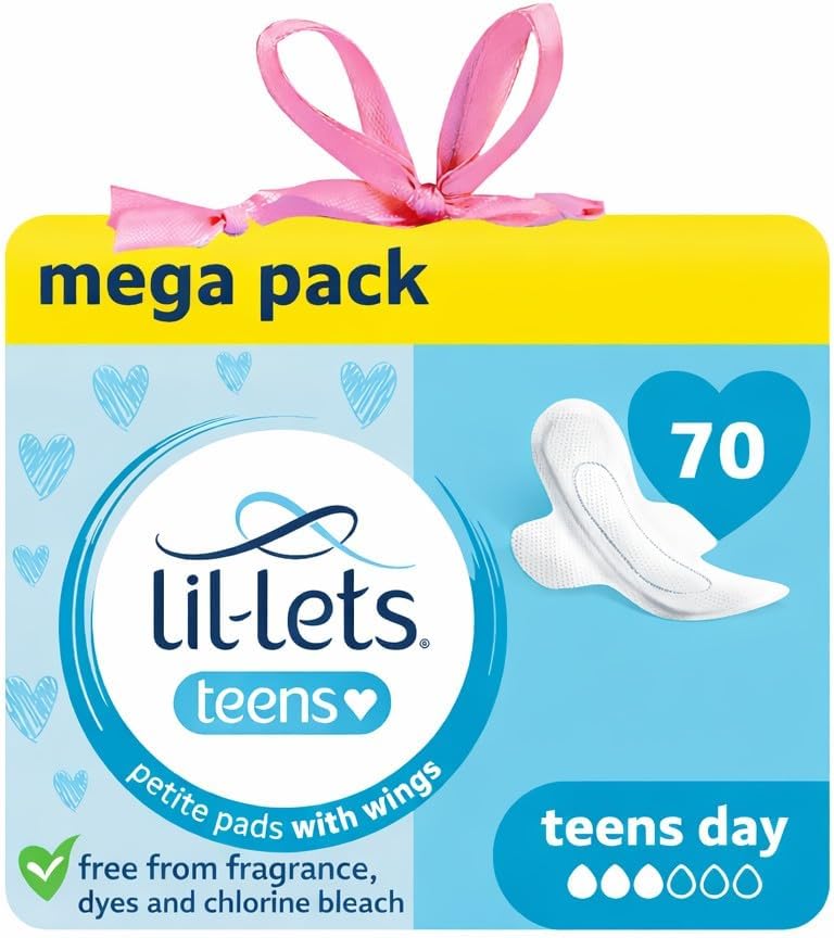 Lil-Lets Teens Day Pads with Wings - 70 Count Period Pads - Thin, Super Absorbent Sanitary Napkins, Soft & Breathable, Fragrance-Free - First Periods, Light to Medium Days *Packaging May Vary*