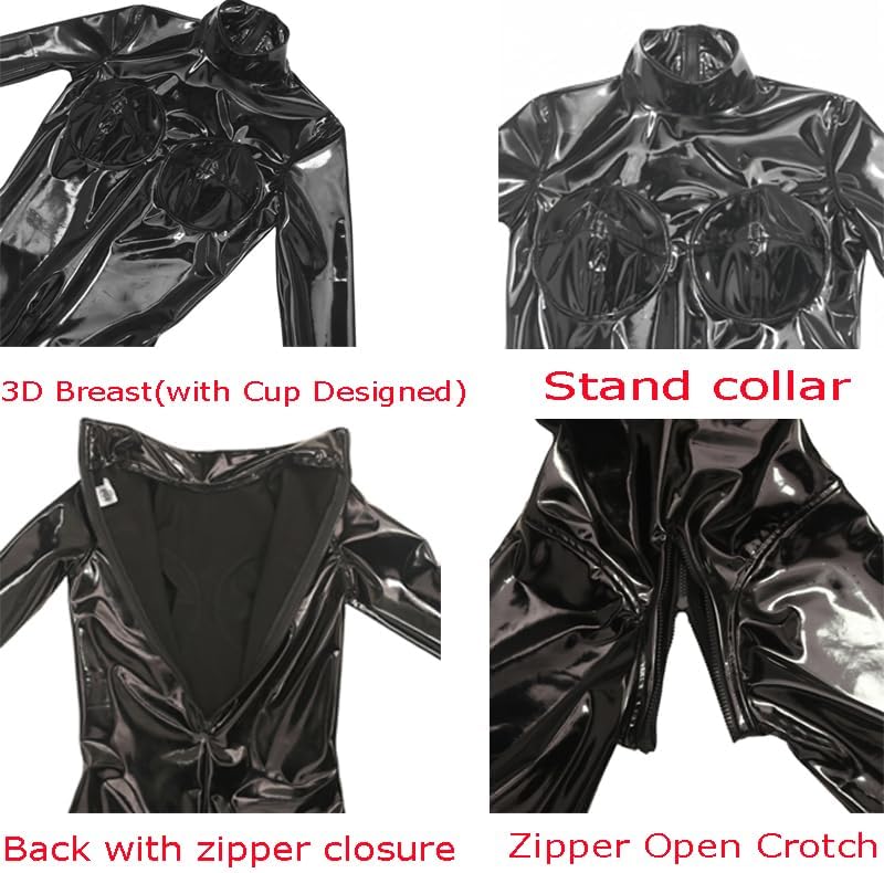 Women's Sexy Shiny Wetlook PVC Leather 3D Breast Back with Zipper Bodysuit Handmade Catsuit Jumpsuit Clubwear