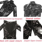 Women's Sexy Shiny Wetlook PVC Leather 3D Breast Back with Zipper Bodysuit Handmade Catsuit Jumpsuit Clubwear