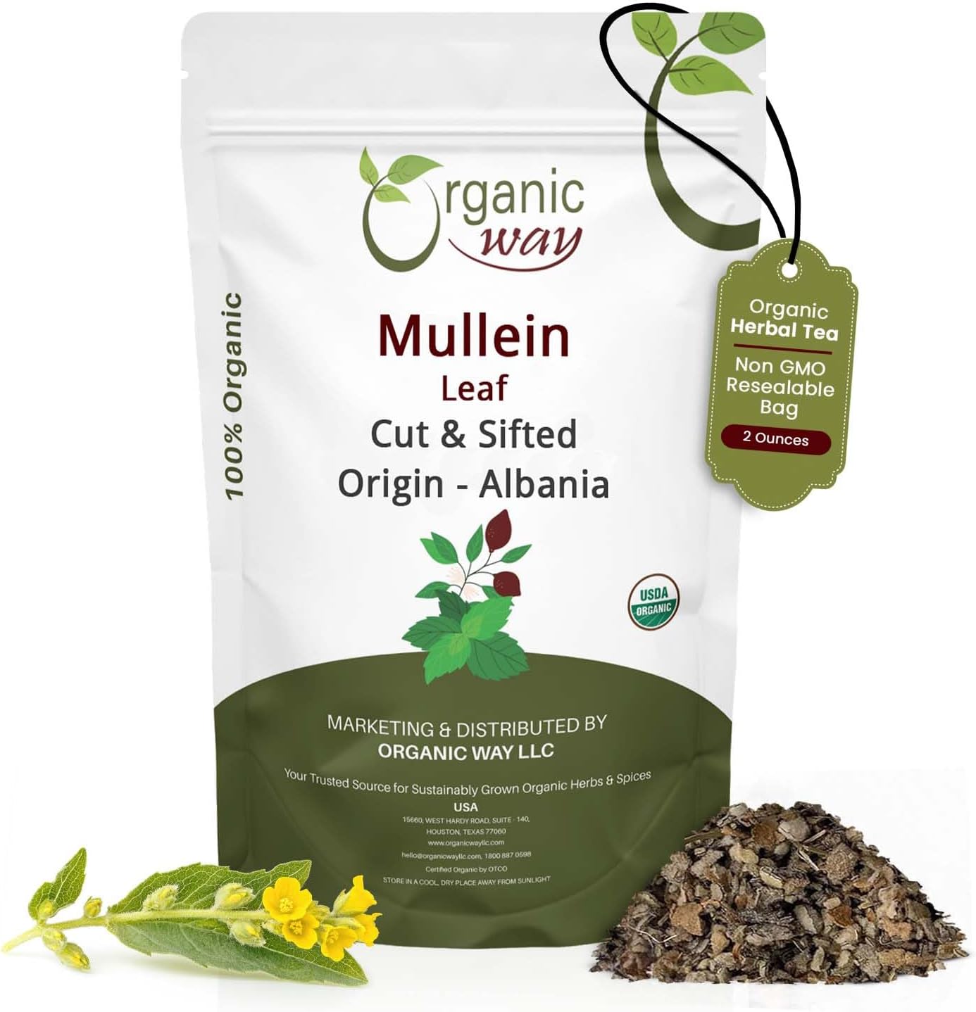 Organic Way Mullein Leaf | Herbal Tea (Verbascum Thapsus) Cut & Sifted - European Wild-Harvest | Organic & Kosher Certified | Non GMO & USDA Certified | Origin - Albania (2 Oz.)
