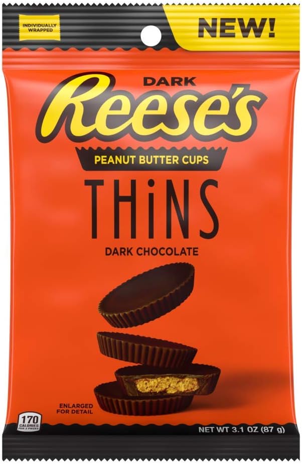 REESE’S Peanut Butter Cups Thins, Dark Chocolate Candy, 3.1 OZ BAG