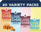 LOVE CORN Fab Four Sea Salt, BBQ, Salt & Vinegar, Hot Spicy | Delicious Crunchy Corn Snacks | .07oz x 20 Gluten Free, Vegan Bags | Convenient for Lunch Boxes, Commuting & Office Snacks
