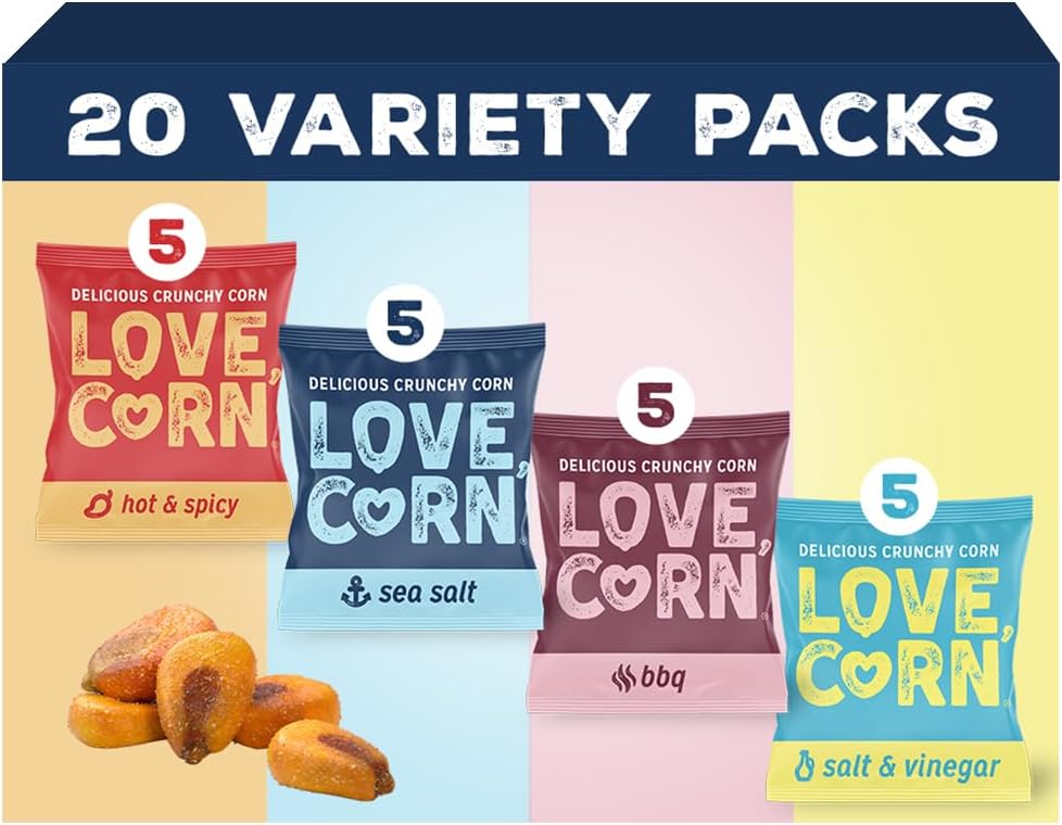 LOVE CORN Fab Four Sea Salt, BBQ, Salt & Vinegar, Hot Spicy | Delicious Crunchy Corn Snacks | .07oz x 20 Gluten Free, Vegan Bags | Convenient for Lunch Boxes, Commuting & Office Snacks