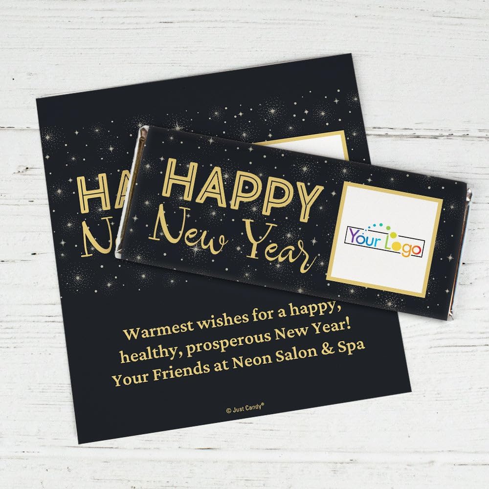 25 Pack Personalized New Year's DIY Add Your Logo Chocolate Candy Bar Wrapper Favors for Keepsakes, Elegant Giveaways, Custom Guest Gifts & More (Candy Not Included)