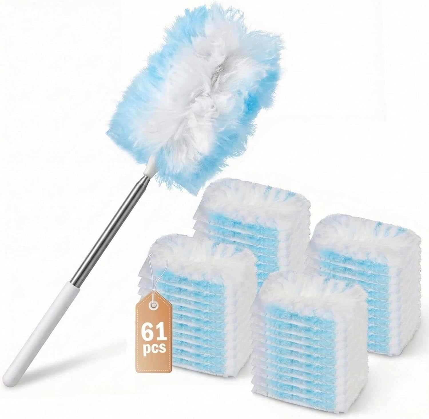 61 Count Heavy Duty Duster Refills, Disposable Duster Refills with 43" Extendable Handle for Furniture, Blinds & Ceiling Fans, Send Goods from Local Warehouse