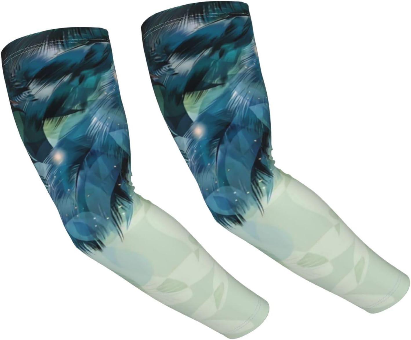 Watercolor Feather Colorful Peacock Feathers Turquoise Nation Bohemia Adult Ice Silk Cooling Arm Sleeves For Men Women,Breathable Elastic Arm Cover With Thumb.