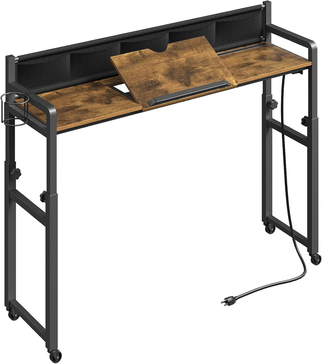 Overbed Table with Wheels, Recliner Desk with Charging Station, Over the Bed Table Height Adjustable, Mobile Bed Table with Storage and Cup Holder, Overbed Desk for Living Room, Rustic Brown