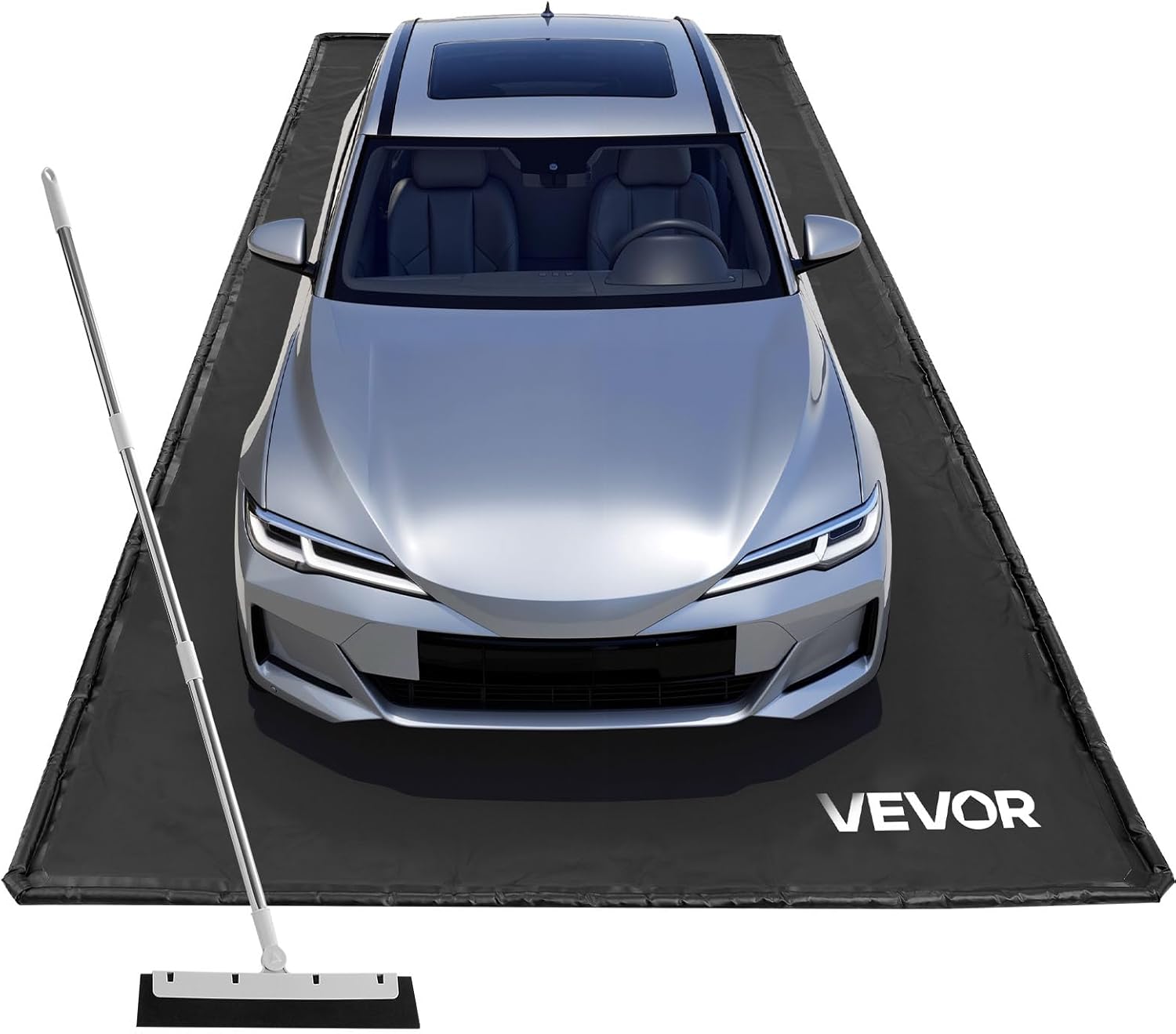 VEVOR Containment Mat, 7 ft 9 in x 18 ft, Non-Slip PVC Garage Floor Mat with a Cleaning Squeegee, Heavy Duty Durable Waterproof Containment Protection from Snow, Rain and Mud for Cars Parking, Black