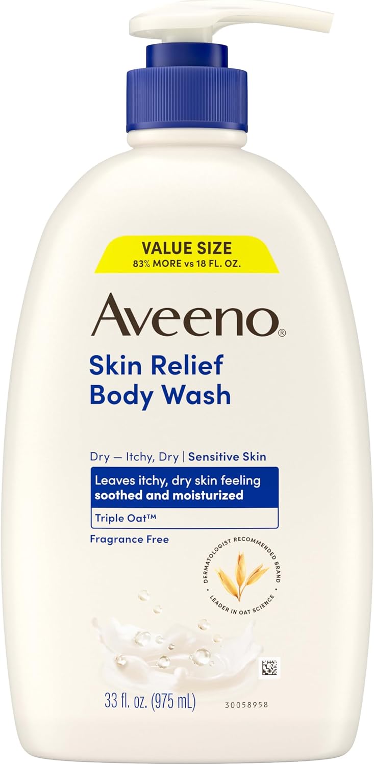 Aveeno Skin Relief Fragrance-Free Body Wash with Triple Oat® Complex, Gentle Daily Cleanser for Sensitive Skin Leaves Itchy, Dry Skin Feeling Soothed & Moisturized, 33 fl. oz