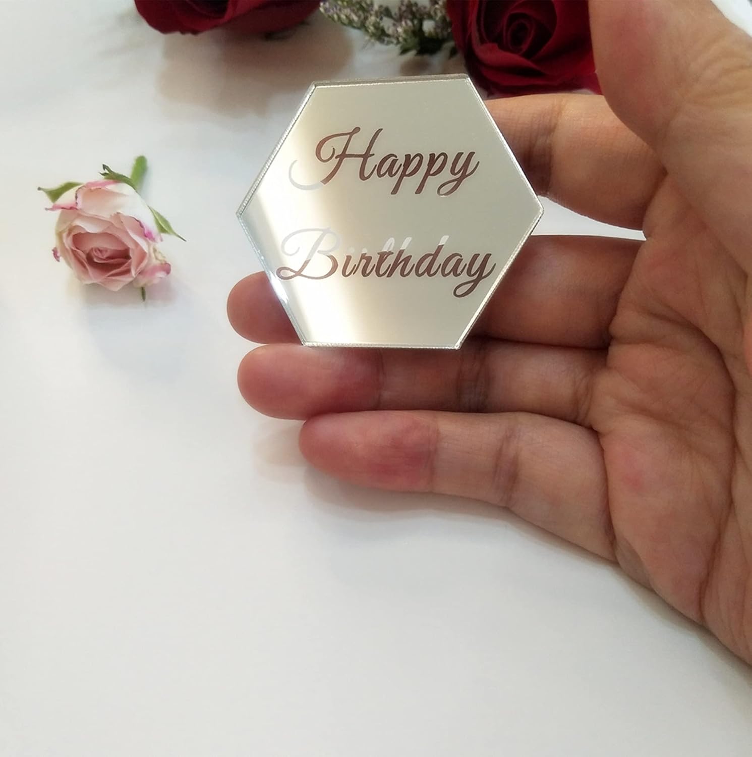 Set of 12pcs Hexagon Cake Topper Disc, Happy Birthday Mirror Acrylic Cake Discs, Topper Decor for Cupcake,Mini Acrylic Cake Toppers (Silver Mirror)