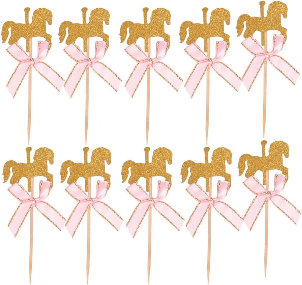 NUOBESTY 20Pcs Carousel Cupcake Toppers with Pink Bow, Glitter Horse Cake Decorations for Kids Birthday Party, Baby Shower, Wedding Supplies
