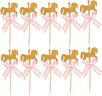 NUOBESTY 20Pcs Carousel Cupcake Toppers with Pink Bow, Glitter Horse Cake Decorations for Kids Birthday Party, Baby Shower, Wedding Supplies