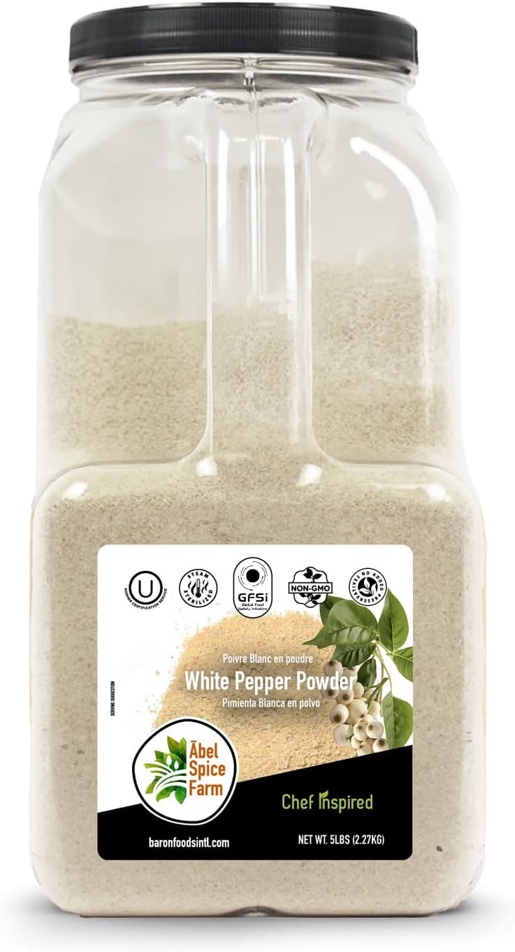 Ābel Spice Farm White Pepper Powder - 5 Lb Bulk Pack - Premium, 100% Natural, Non-GMO, Kosher, and Steam Sterilized Ground White Pepper for Delicate Flavor in Sauces, Soups, and Gourmet Dishes