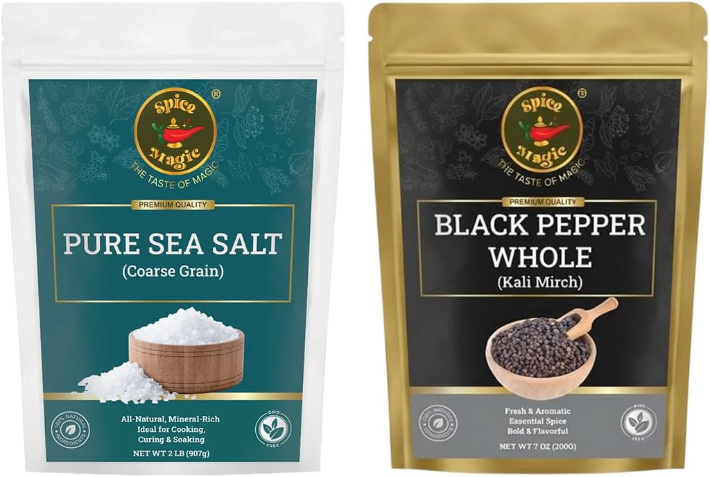 Spice Magic Whole Black Peppercorns 12 oz & Pure Sea Salt Coarse Grain 2 lb | Non-GMO • Gluten-Free • Vegan| Ideal for Everyday Cooking I Essential Seasoning Duo