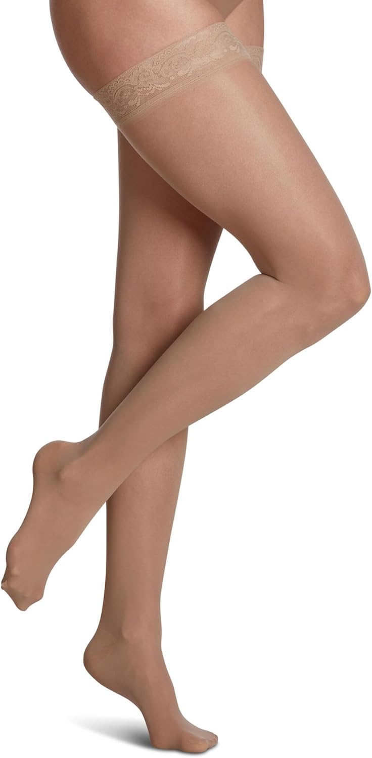 SIGVARIS Women's Sheer Fashion Thigh High Hose - 15-20mmHg Weight Compression - Sheer Non-Slip Hosiery for Comfortable Everyday Wear - Honey - B (Medium)