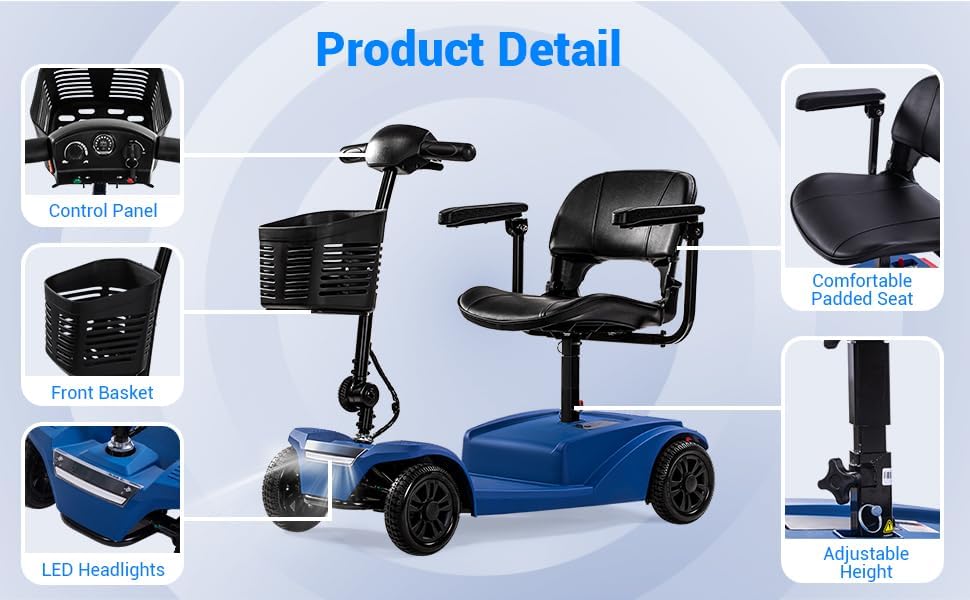 15-25 Miles Long Range Mobility Scooter, Wheelchair Device, Powered Mobility Scooters for Seniors, Adults, Compact Duty Mobile for Travel with LED Headlight and Detachable Basket (Blue)