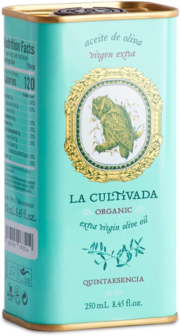Organic Extra Virgin Olive Oil. Cold Pressed. Quintaesencia - Certified Organic by S.C. CAAE. Gold Medal Winning Oil. Blend of Arbequina, Hojiblanca and Picual. 500ml tin (GB-ORG-04)