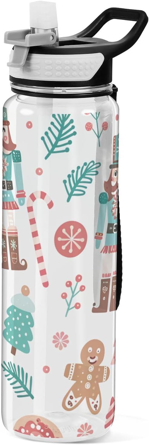 Christmas Nutcracker Water Bottle with Straw Lid 32oz Leakproof Clear Gym Water Bottles for Women Men Outdoor Sport Drinking