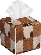 Western Cow Brown Cowhide Print Tissue Box Cover Square Pu Leather Tissue Holder Facial Tissue Case Facial Paper Organizer Dispenser for Home Bedroom Dresser Night Stand Office Desk Car