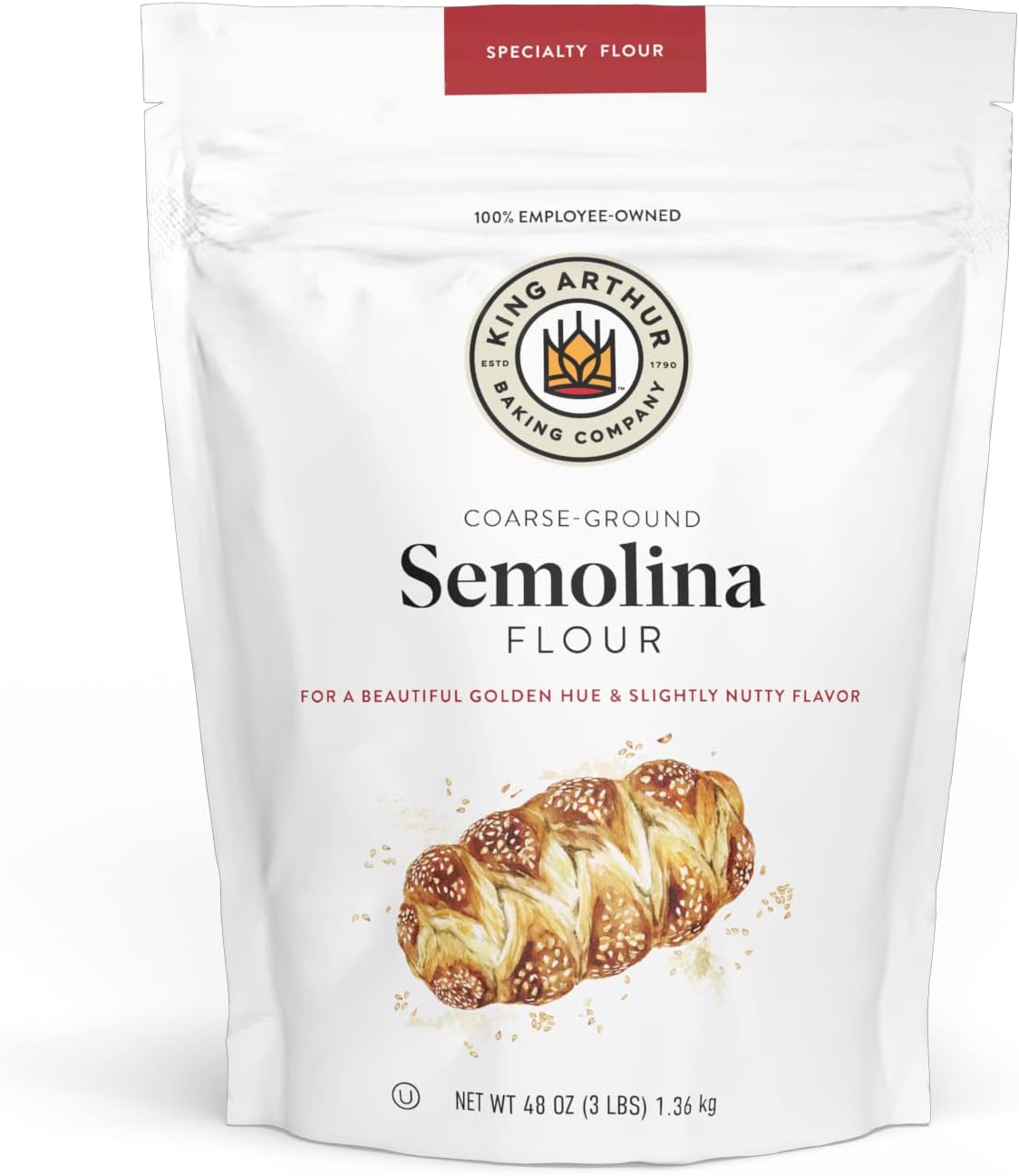 King Arthur Premium Semolina Flour: Coarse Ground, High Protein Durum Wheat for Perfect Pasta, Pizza, and Bread Making - Kosher, 3 lbs Resealable Bag, USA-Grown Wheat, Versatile Baking Ingredient