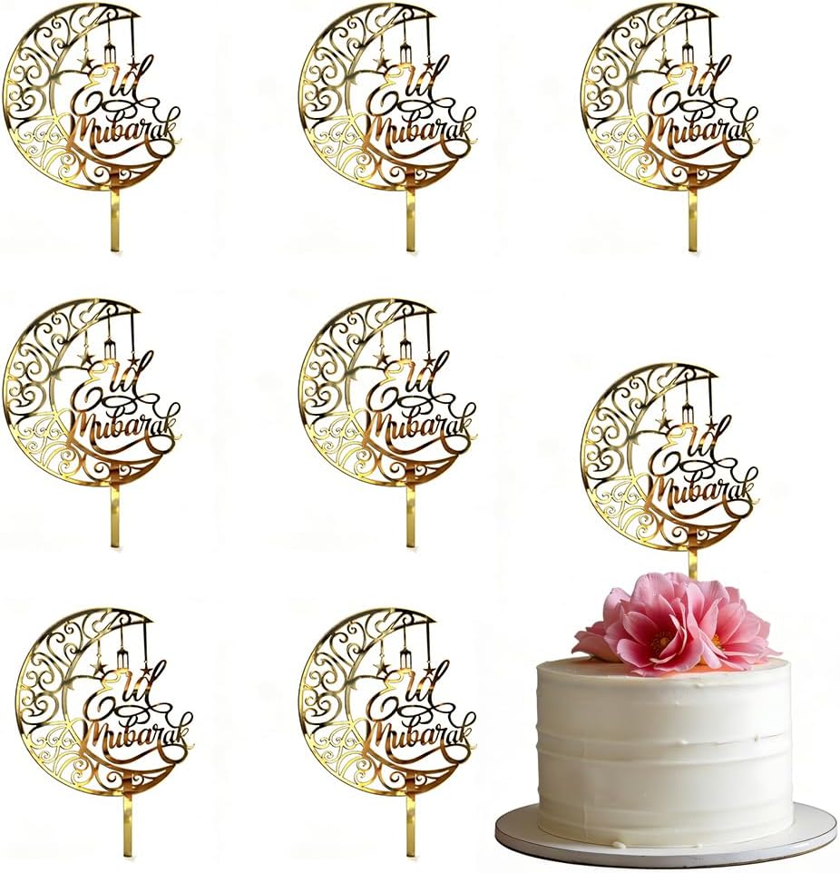 Eid Mubarak Cupcake Topper-8Pack Gold Acrylic Cake Topper,Muslim Islam Eid Festival Wedding/Baby Shower/Birthday Party Decorations Supplies