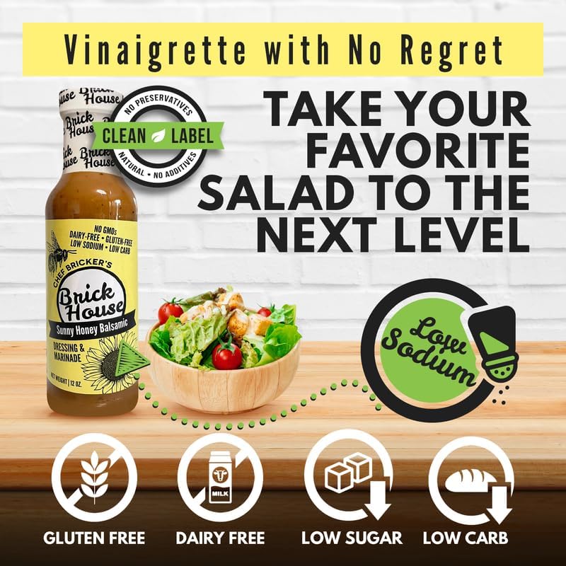 Brick House Sunny Honey Balsamic Vinaigrette Dressing & Marinade, 12oz - Low-Sodium, Low-Carb, Dairy-Free, Gluten-Free, Non-GMO, Balsamic Vinaigrette Salad Dressing, Keto-Friendly, Made in USA