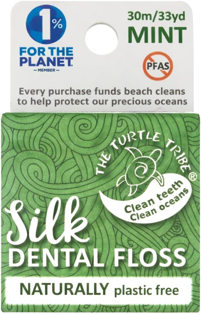 The Turtle Tribe® Natural Dental Floss, 33 Yards, 100% Pure Silk Floss, Plastic Free, PFAS Free, Funding Beach Cleans to Protect Our Precious Oceans, Mint Flavour