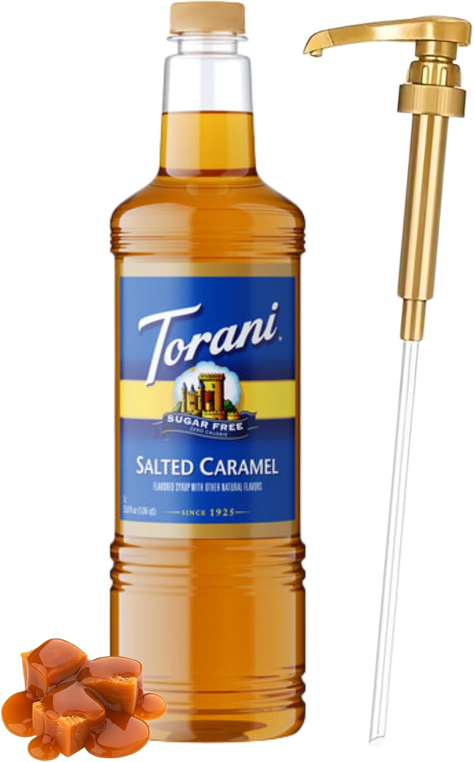 Torani Sugar Free Salted Caramel Syrup 1 Liter Bottle with Pump Dispenser – Zero Calorie Flavored Coffee Syrup for Lattes, Cold Brews, Teas, Cocktails & Desserts – Keto Friendly