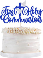 First Holy Communion Cake Topper Glitter Christian Baby Baptism Cake Pick God Bless Cake Decorations, Dove Cross Cake Decorations First Communion Theme Baby Shower (First Holy Communion Dark blue)
