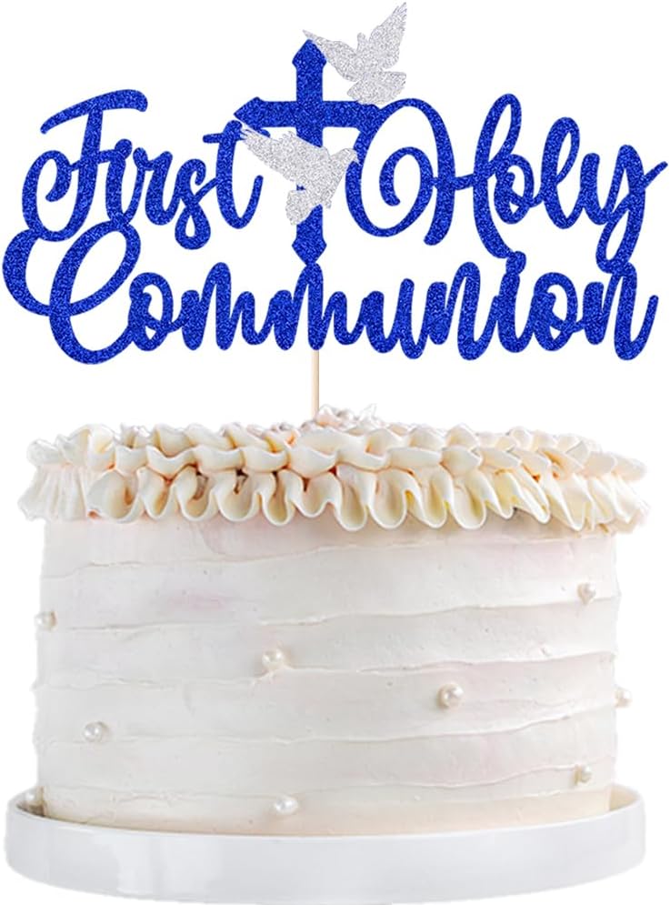 First Holy Communion Cake Topper Glitter Christian Baby Baptism Cake Pick God Bless Cake Decorations, Dove Cross Cake Decorations First Communion Theme Baby Shower (First Holy Communion Dark blue)