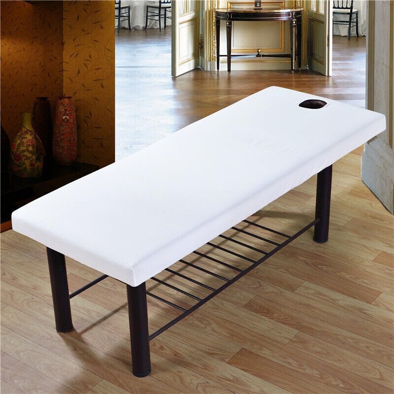 Massage Table Sheet, 27.56x74.8 Massage Bed Cover with Face Hole,Elastic All-Round Wrap Massage Bed Cover Washable Reusable Massage Table Blanket (White)