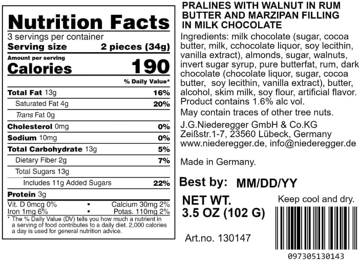 Niederegger Walnut Marzipan Pralines Covered with Milk Chocolate, 102g (3.5oz) | 6 pieces per Box
