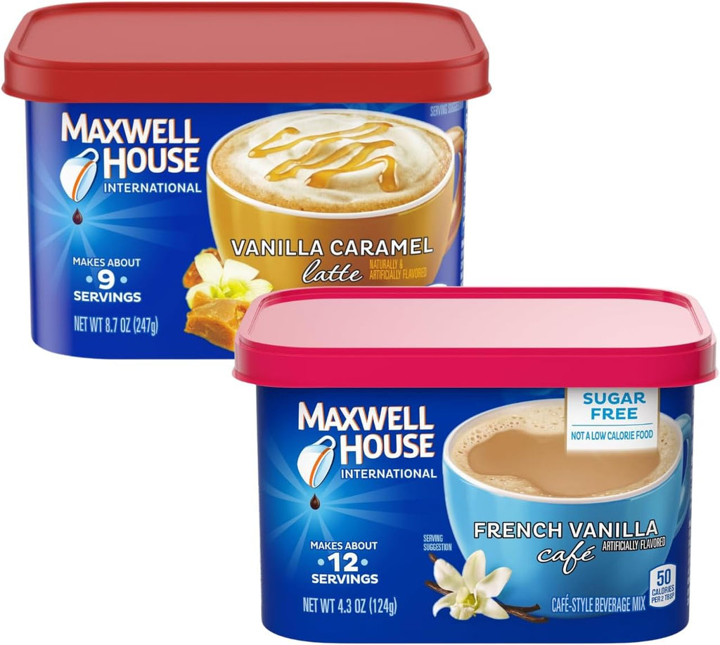 Maxwell House Vanilla Caramel Latte Mix, 8.7 oz + French Vanilla Café-Style Instant Coffee Beverage Mix, 4.3 oz, (Variety Pack)