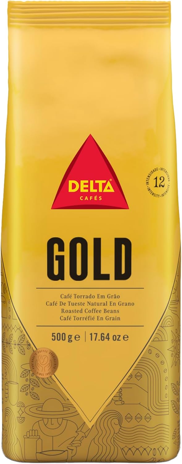 Delta Cafés Gold Whole Bean Coffee 500gr/17.6oz, Intensity 12, Arabica Roasted - Cereal and Popcorn NotesNaturally Roasted Espresso Beans