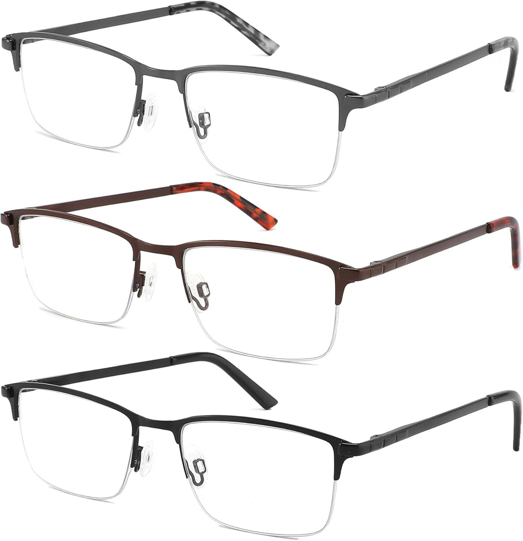 CRGATV 3-Pack Reading Glasses for Men Blue Light Blocking Fashion Metal Half Wide Frame Readers Semi Rimless Eyeglasses