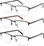CRGATV 3-Pack Reading Glasses for Men Blue Light Blocking Fashion Metal Half Wide Frame Readers Semi Rimless Eyeglasses