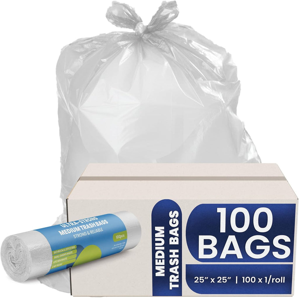 Medium Trash Bags 25x25 Inches, 1 Mil Thick, 100 Count – Durable Leak-Proof Garbage Bags for Kitchen, Office, and Bathroom Bins, 17 Gallon Capacity, Heavy-Duty & Tear-Resistant