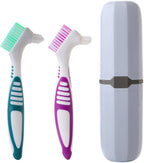 2Pcs Denture Brush with Case, Travel False Teeth Toothbrush, Soft Denture Brush, Effective Denture Cleaner Brushes Kit, Ergonomic Rubber Handle (Light Gray Case)