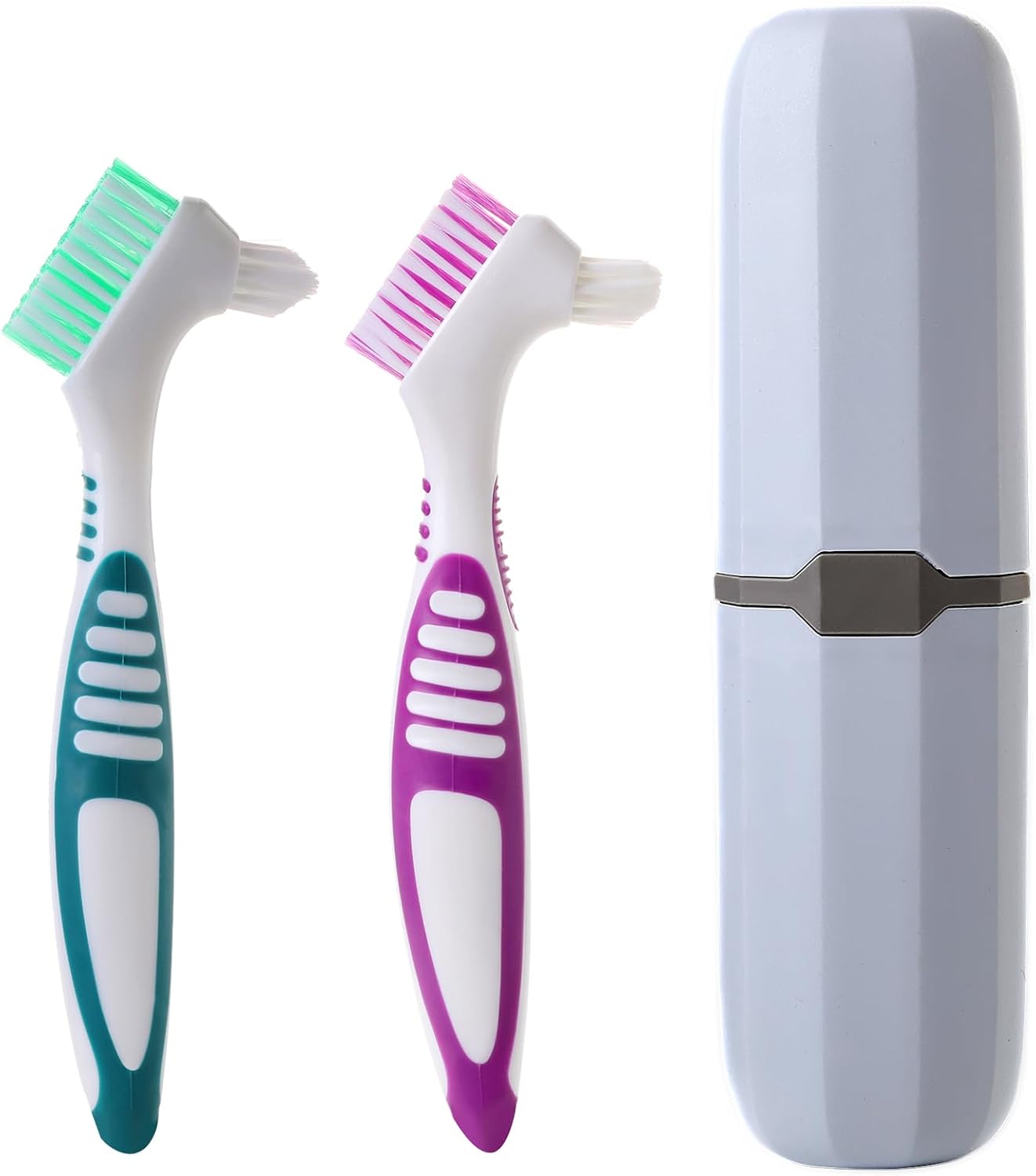 2Pcs Denture Brush with Case, Travel False Teeth Toothbrush, Soft Denture Brush, Effective Denture Cleaner Brushes Kit, Ergonomic Rubber Handle (Light Gray Case)