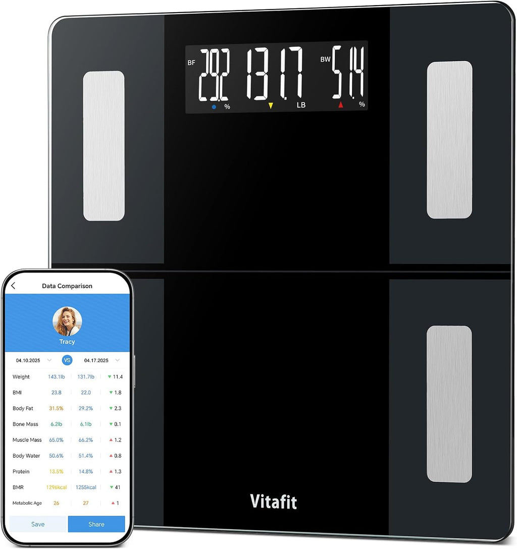 Vitafit 550lb Smart Bathroom Scale for Body Weight, High Precision in 0.1lb Assured by Weight Scale Professional Factory Since 2001, App Sync 13 Body Composition with BMI and Body Fat, Black