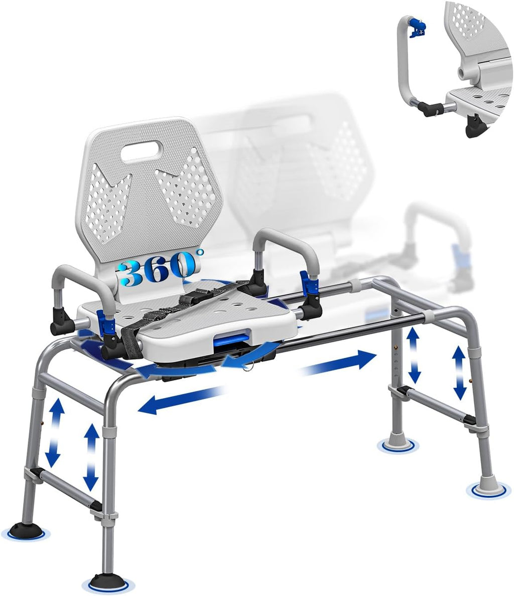 Sliding Shower Chair Tub Transfer Bench with Swivel Seat for Elderly & Disabled 400lb Heavy Duty Bath & Shower Safety Seating with Armrests & Backrest, Adjustable Height Tub Bench for Bathroom