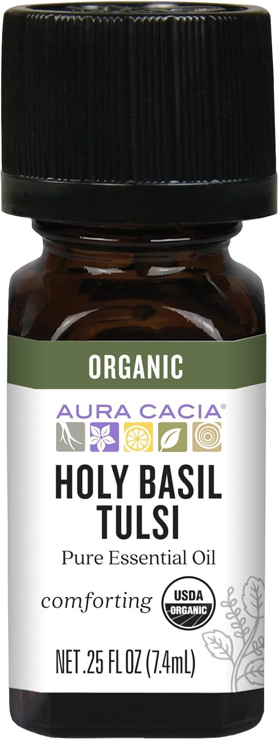Aura Cacia Organic Holy Basil Tulsi Essential Oil, 100% Pure Ocimum Sanctum Oil – Aromatherapy for Body Care, Diffusers, DIY Blends | 0.25 Fl Oz (Pack of 1)