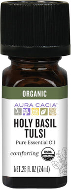 Aura Cacia Organic Holy Basil Tulsi Essential Oil, 100% Pure Ocimum Sanctum Oil – Aromatherapy for Body Care, Diffusers, DIY Blends | 0.25 Fl Oz (Pack of 1)