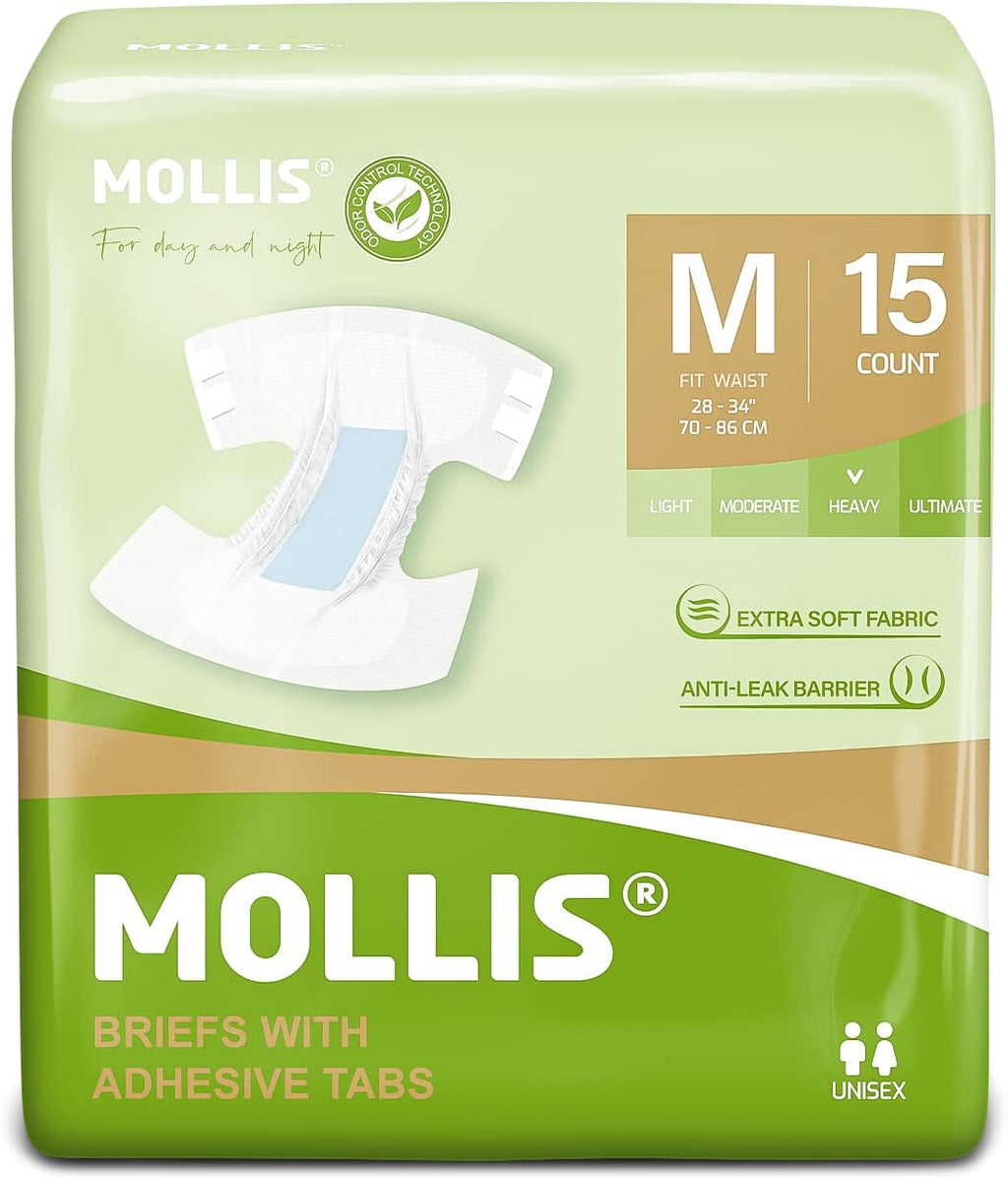 MOLLIS Adult Diapers for Women and Men, Unisex Disposable Incontinence Briefs with Tabs, Odor Control, Medium, 15 Count