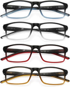 MODFANS Reading Glasses 4 Pack, Blue Light Blocking Readers, Anti Glare, UV Protection, Lightweight Comfortable Unisex Two-Tone Frames with Spring Hinge, Rectangular Design 2.75